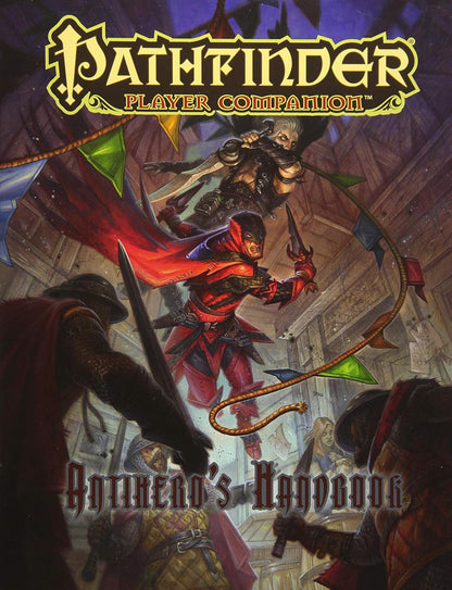 Handbook cover features a red-clad rogue leaps to attack guards -  a female assassin above