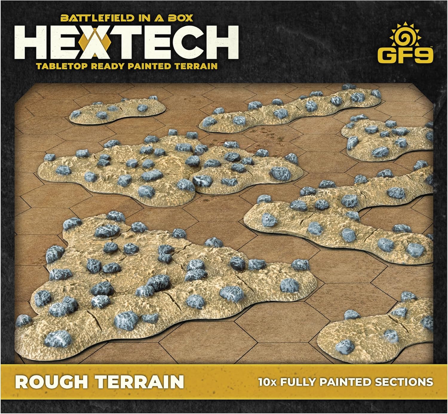 10 pre-painted Hextech rough terrain sections with sandy ground and grey rocks on a hex grid.