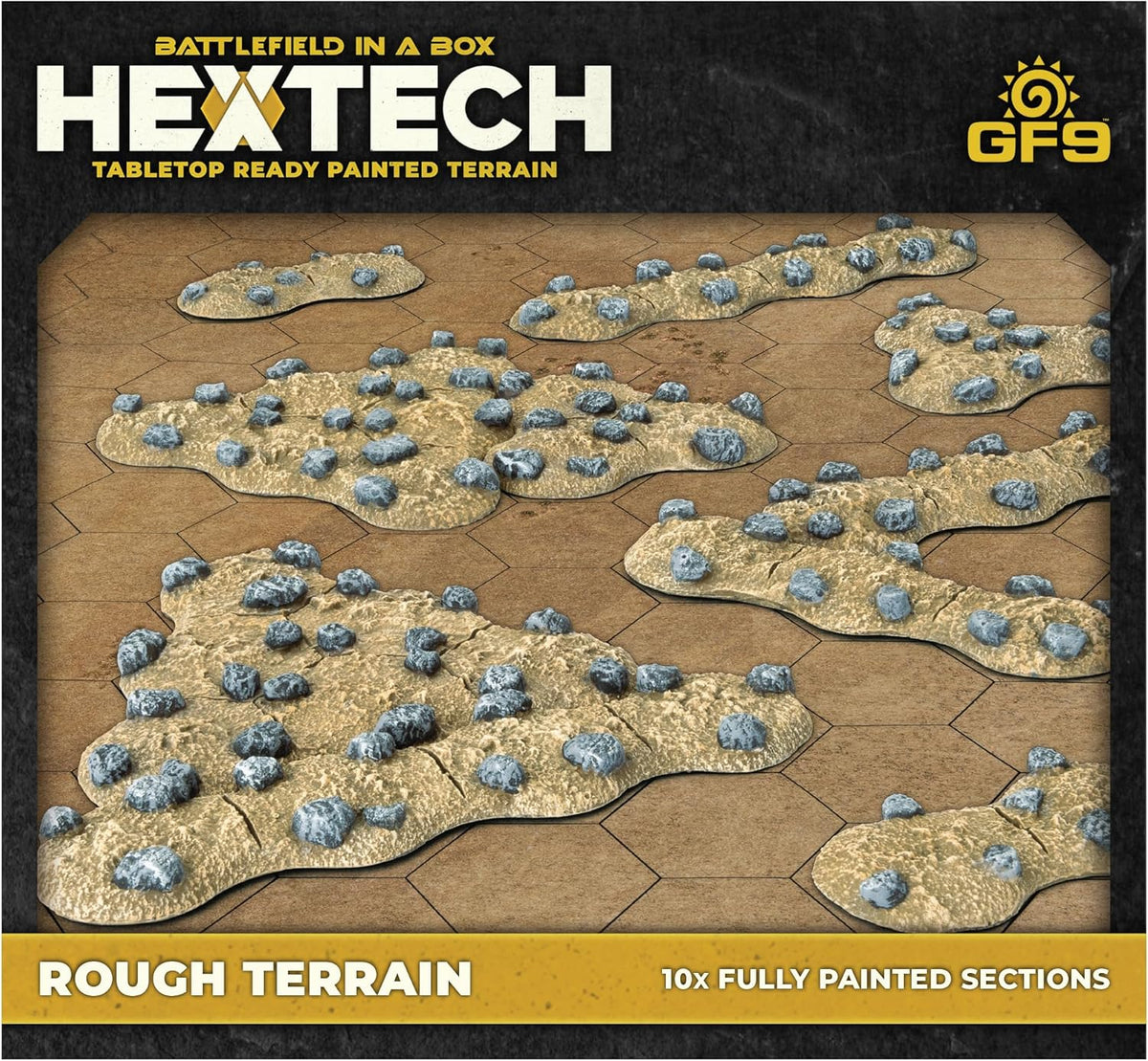 10 pre-painted Hextech rough terrain sections with sandy ground and grey rocks on a hex grid.