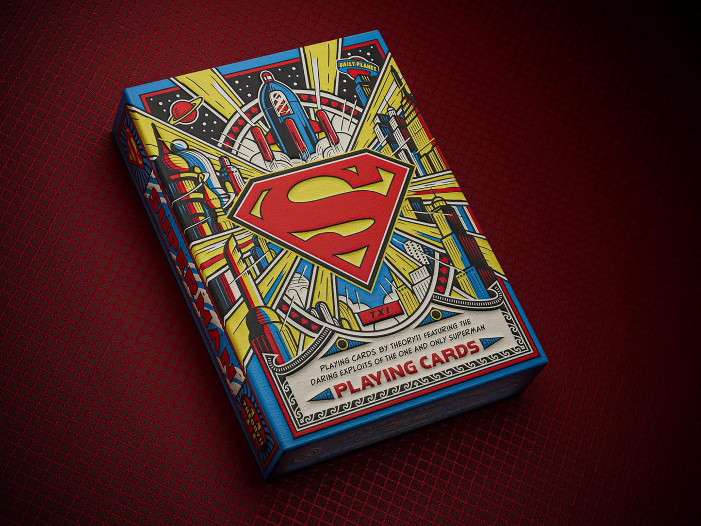 Retro-style Superman playing card tuck box, prominently featuring the red and yellow "S" shield logo