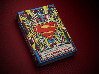 Retro-style Superman playing card tuck box, prominently featuring the red and yellow "S" shield logo
