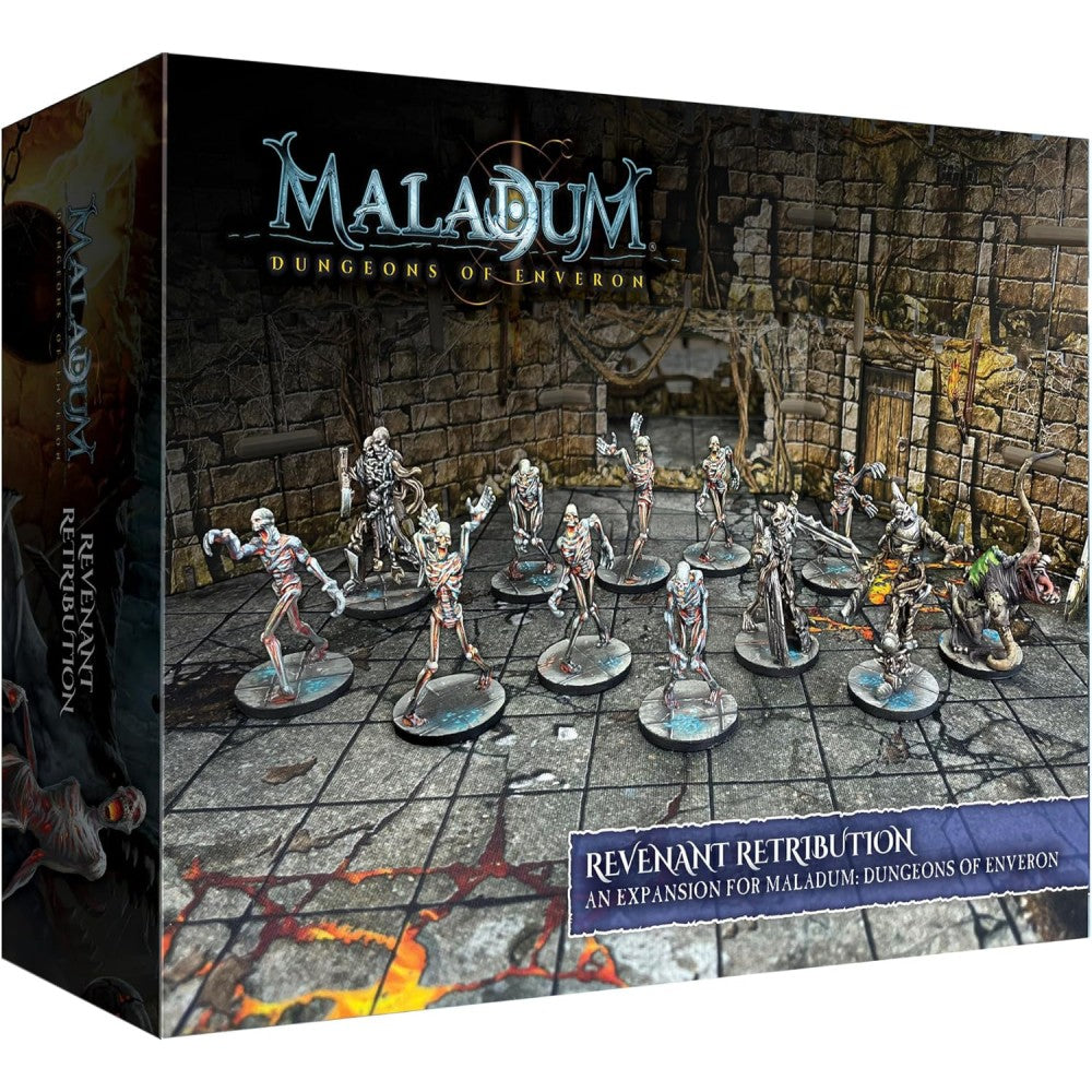 Maladum: Revenant Retribution expansion box and over a dozen undead miniatures in a dungeon board game setting.