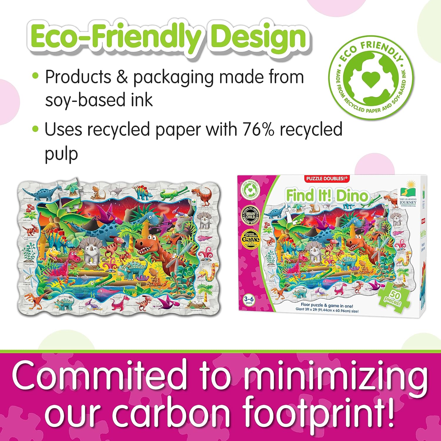Eco-friendly "Find It! Dino" floor puzzle (50 pieces) and box, featuring a colorful dinosaur scene