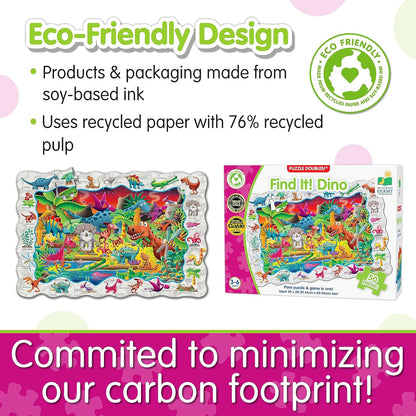 Eco-friendly "Find It! Dino" floor puzzle (50 pieces) and box, featuring a colorful dinosaur scene