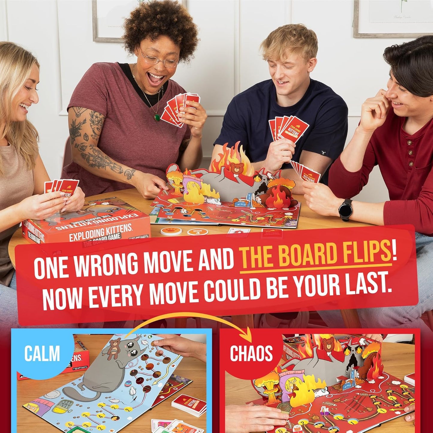 Four excited friends playing the Exploding Kittens board game, highlighting the board flipping into a chaotic 3D state
