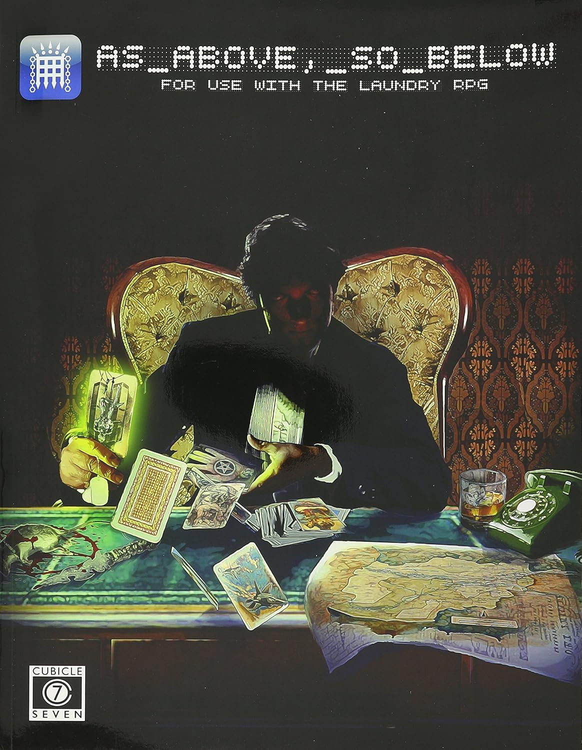 Man in suit intently spreads glowing cards on a table with map and vintage phone