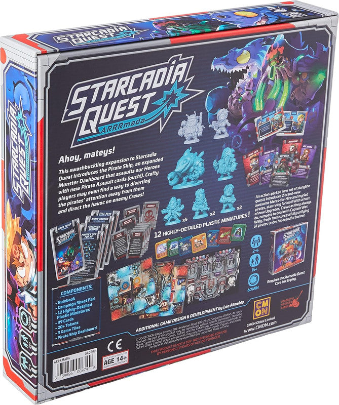 Starcadia Quest ARRRMada board game expansion box back, shows colorful monster art, 12 unpainted plastic miniatures, game cards, tiles, components, and game details