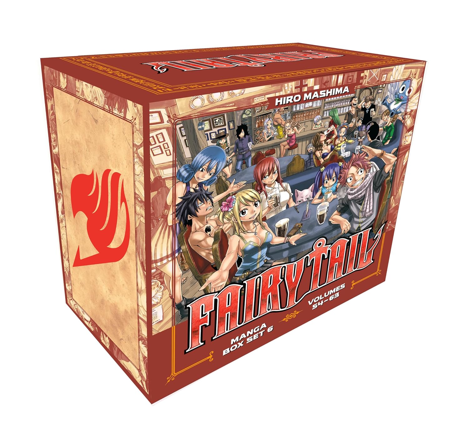 Red Fairy Tail Manga Box Set 6 featuring characters Natsu, Lucy, and friends socializing in a bar. Volumes 54-63.