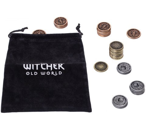 Black drawstring bag and assortment of metal coins for The Witcher Old World board game including copper silver and gold styles