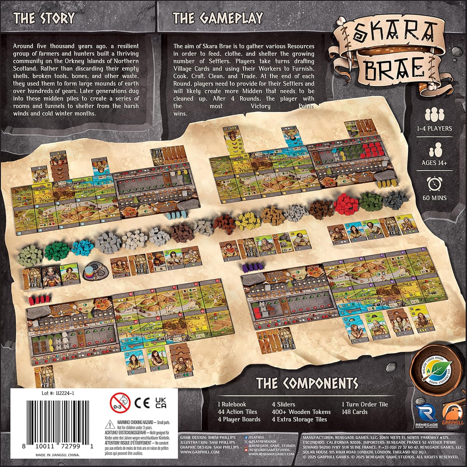 Back of the Skara Brae board game box, showing gameplay layout, resource tokens, cards, and game information