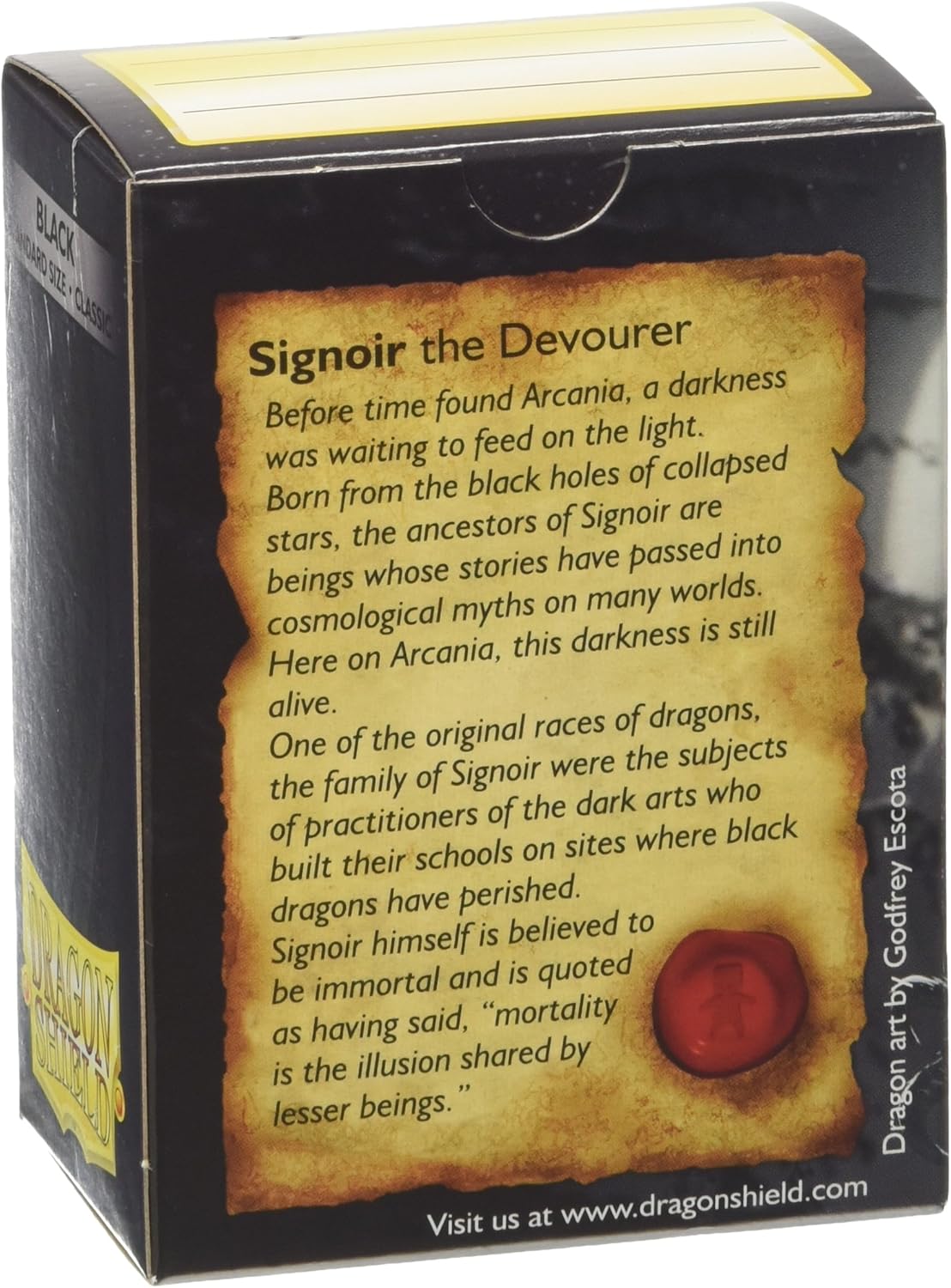 A black Dragon Shield box displaying lore text about Signoir the Devourer on a parchment graphic, with a red wax seal