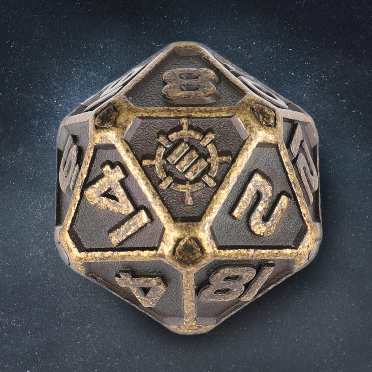 A metallic, aged bronze 20-sided die with numbers and a central gear-like symbol on a dark background