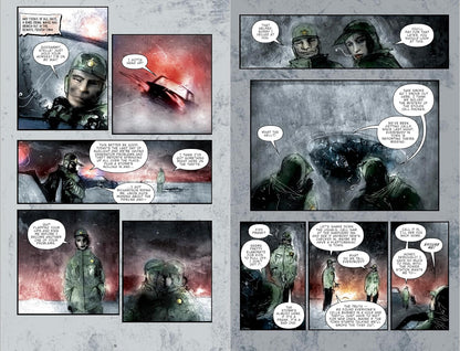 Bleak graphic novel page: Figures in cold weather gear discuss a mysterious crime wave and a looming storm