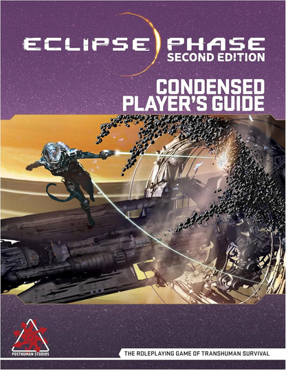 Eclipse Phase cover: An armored figure fires a laser at a large, disintegrating space structure