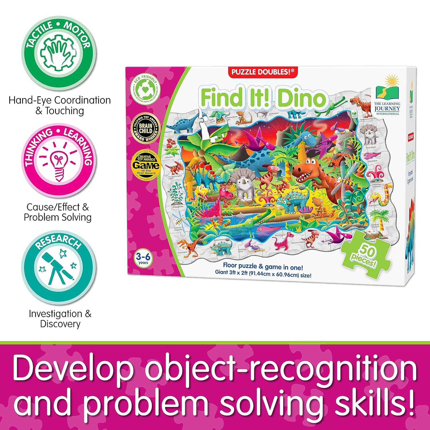Colorful box for the "Find It! Dino" 50-piece floor puzzle, featuring a dense illustration of cartoon dinosaurs