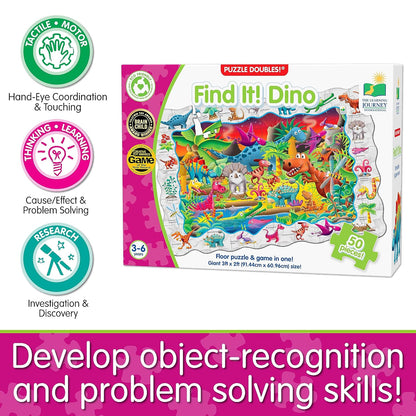 Colorful box for the "Find It! Dino" 50-piece floor puzzle, featuring a dense illustration of cartoon dinosaurs