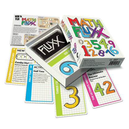 An open Math Fluxx card game box, rulebook, and colourful numbered cards like '3', '6', '42' fanned out on a grid design.