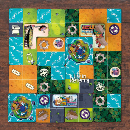 Top-down view of the "Life in Reterra" tile-laying board game grid, featuring varied terrain and resource icons