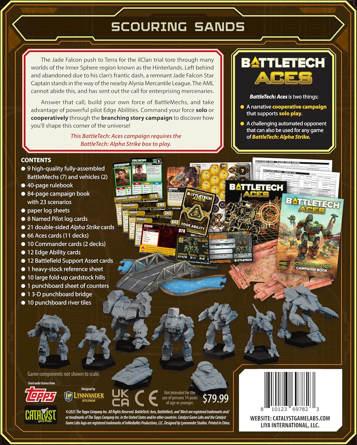 Back of the BattleTech Aces box, displaying nine unpainted Mech and vehicle miniatures, cards, and contents list