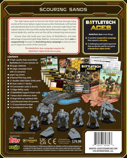 Back of the BattleTech Aces box, displaying nine unpainted Mech and vehicle miniatures, cards, and contents list