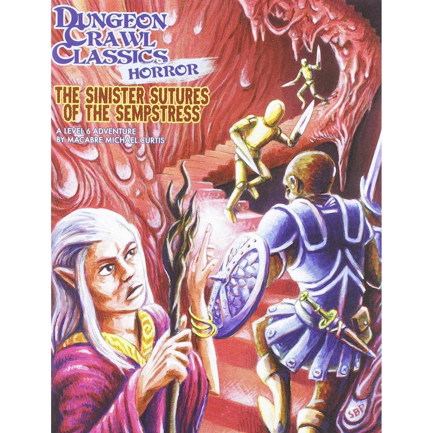 Elf wizard and armored warrior face golden mannequins in a horrifying, organic dungeon