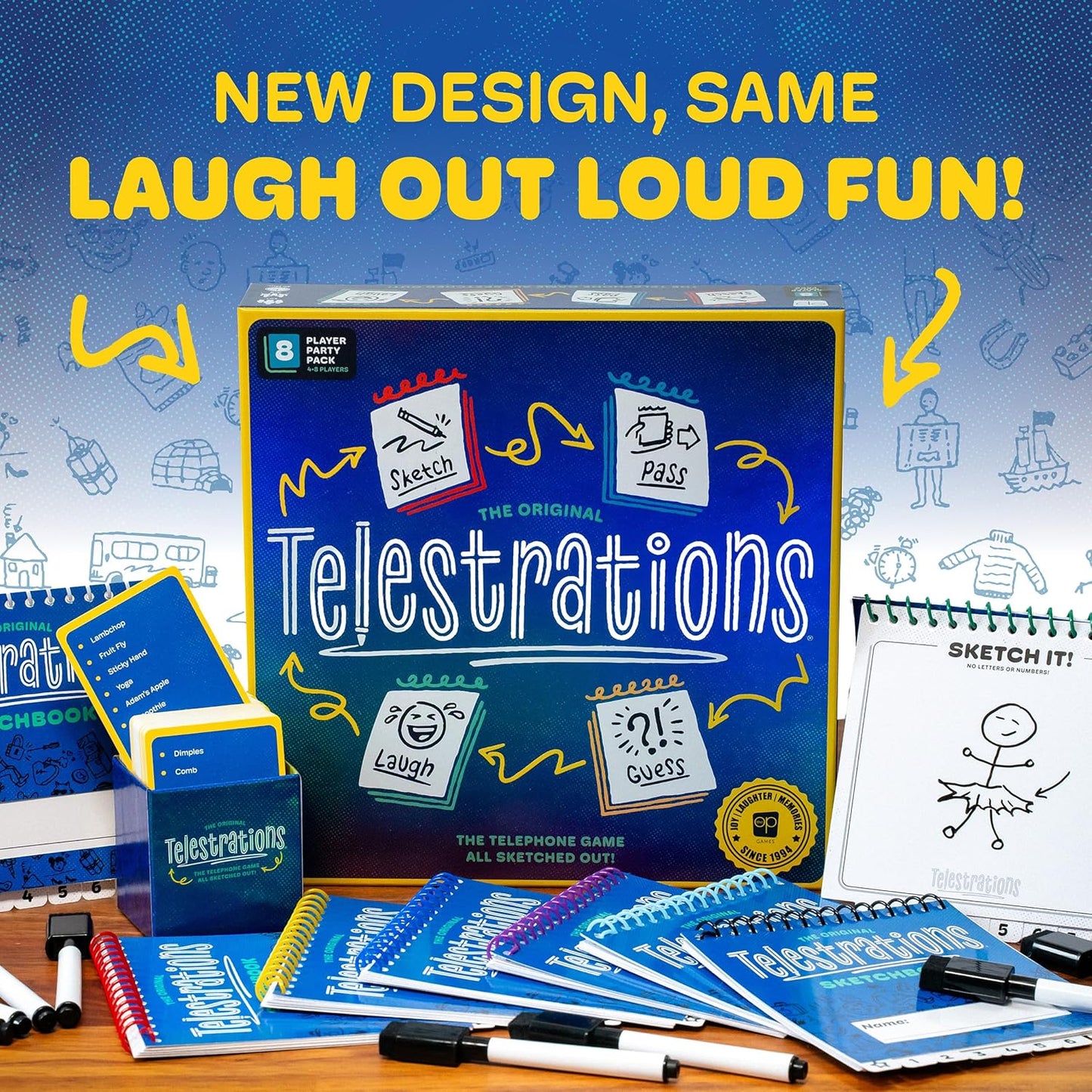 Telestrations board game (new design) with components spread out, including sketchbooks, game cards, and dry-erase markers