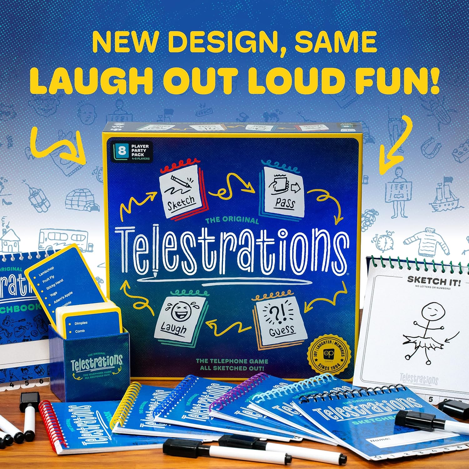 Telestrations board game (new design) with components spread out, including sketchbooks, game cards, and dry-erase markers