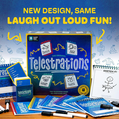 Telestrations board game (new design) with components spread out, including sketchbooks, game cards, and dry-erase markers