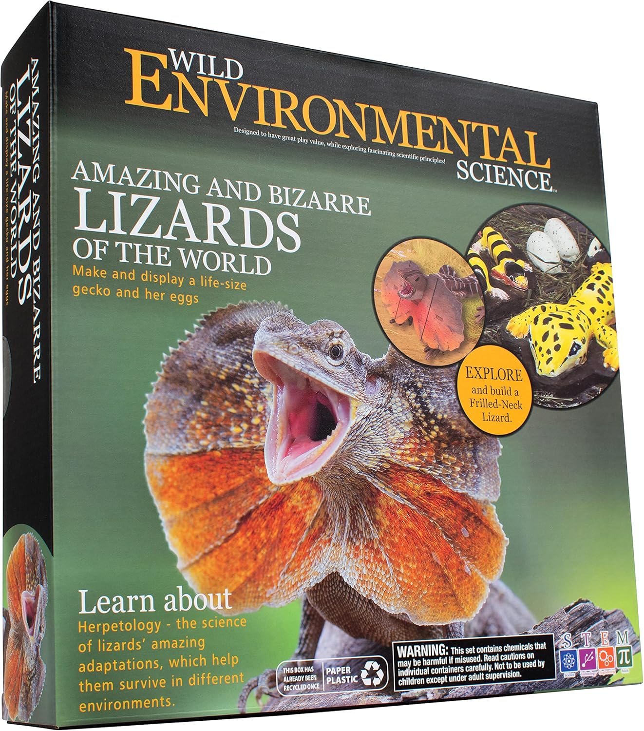 Packaging for the "Amazing Lizards of the World" science kit, showing a large frilled-neck lizard with its mouth open
