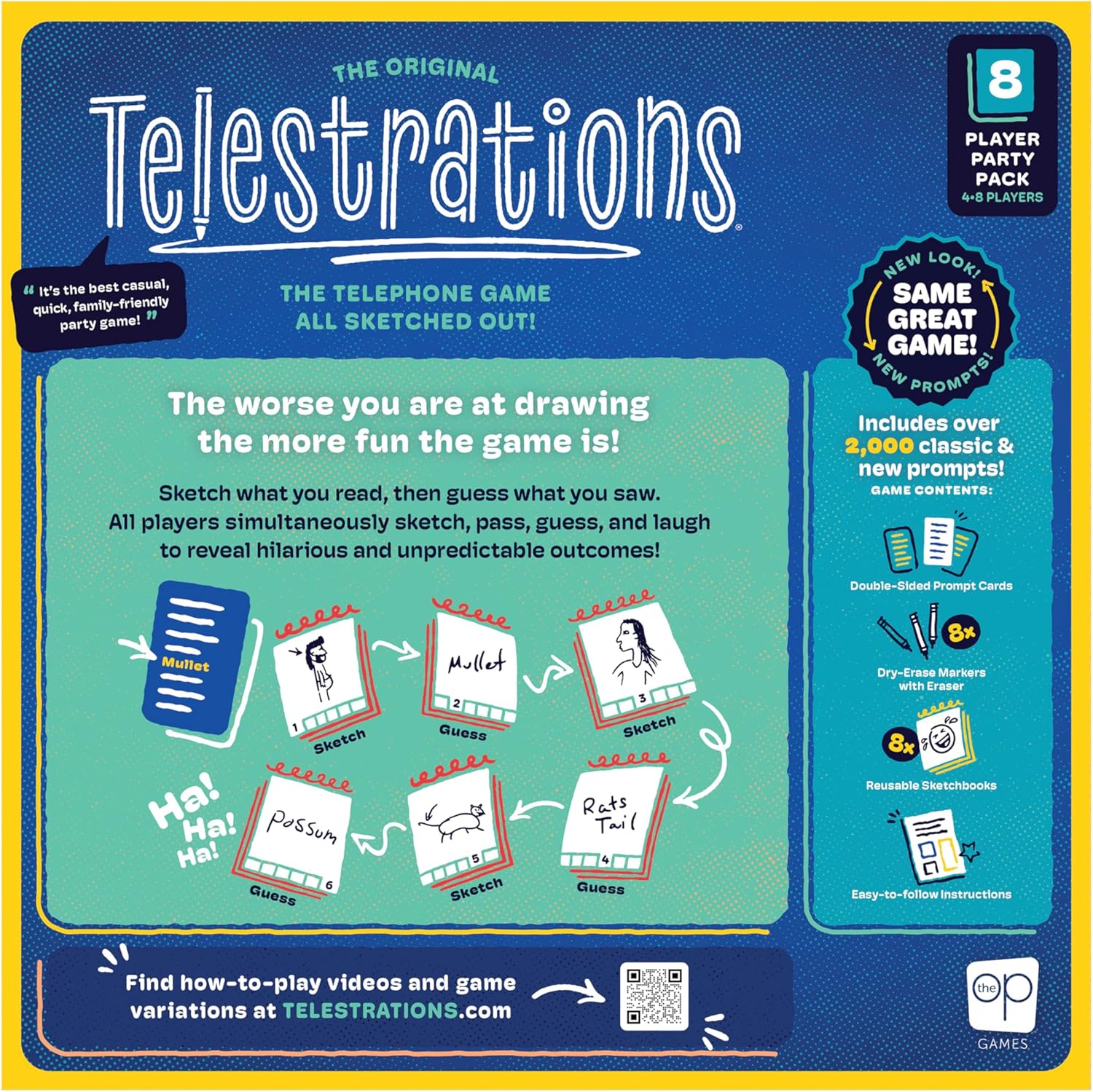 Box art for the Telestrations party game, featuring illustrated steps of sketching and guessing words