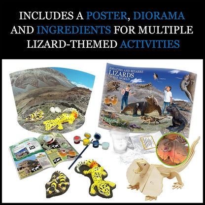 Lizard science and craft kit featuring a poster, painted models, diorama, paints, and wooden puzzle