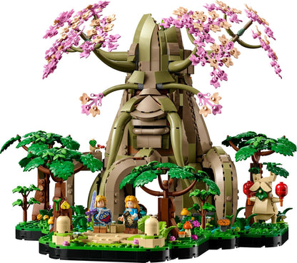 LEGO Great Deku Tree with Link and Zelda minifigures, surrounded by green foliage and pink cherry blossoms