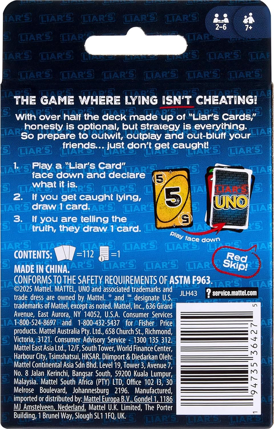 Uno - Liar's Uno card game packaging box back view