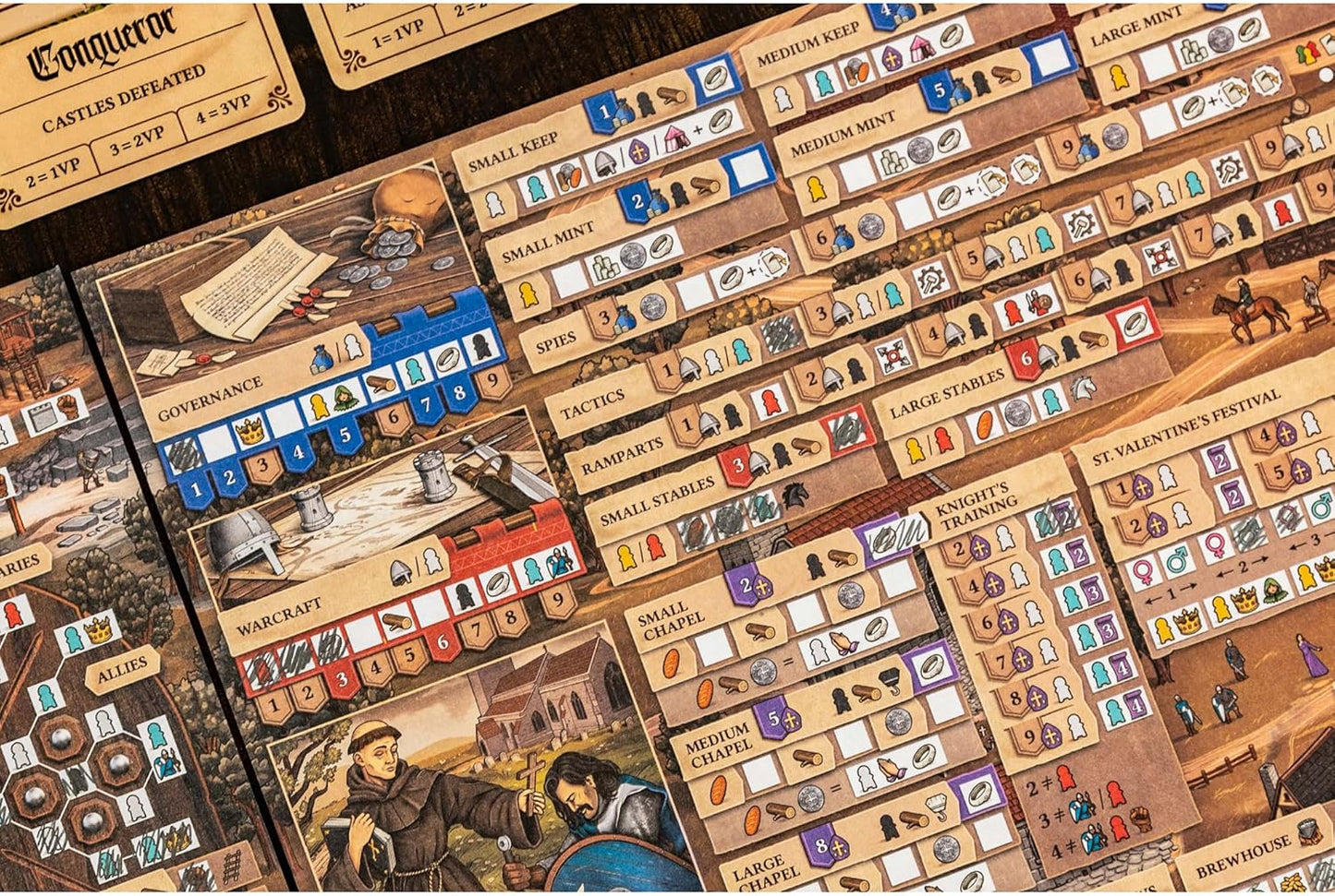 Close-up of medieval strategy board game components, including Governance and Warcraft tracks