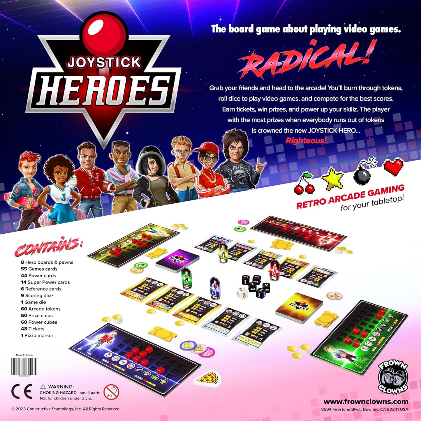 Game board and components with retro arcade design