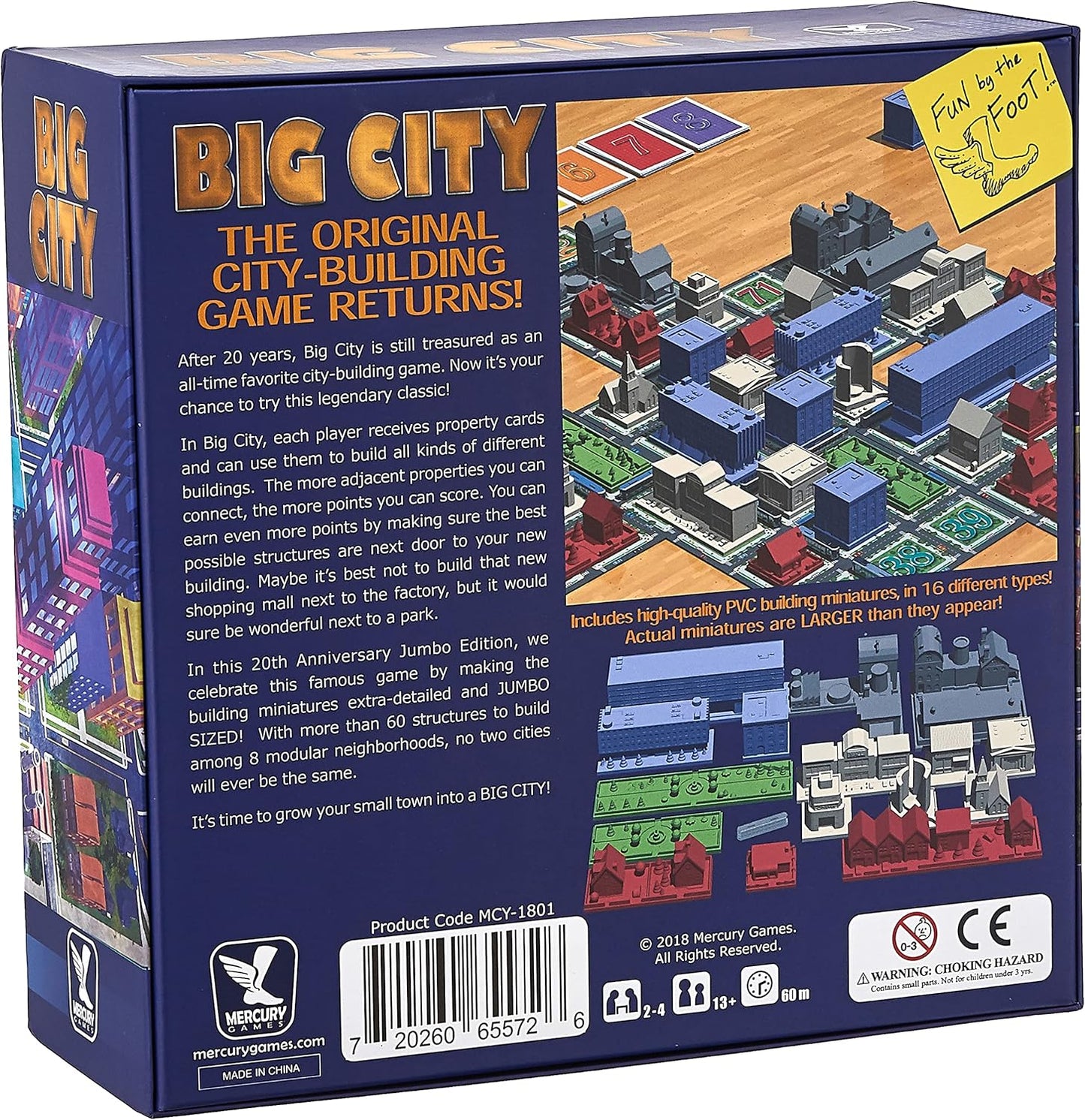 Back of the "Big City" board game box, displaying a city-building game board with colourful miniature buildings.