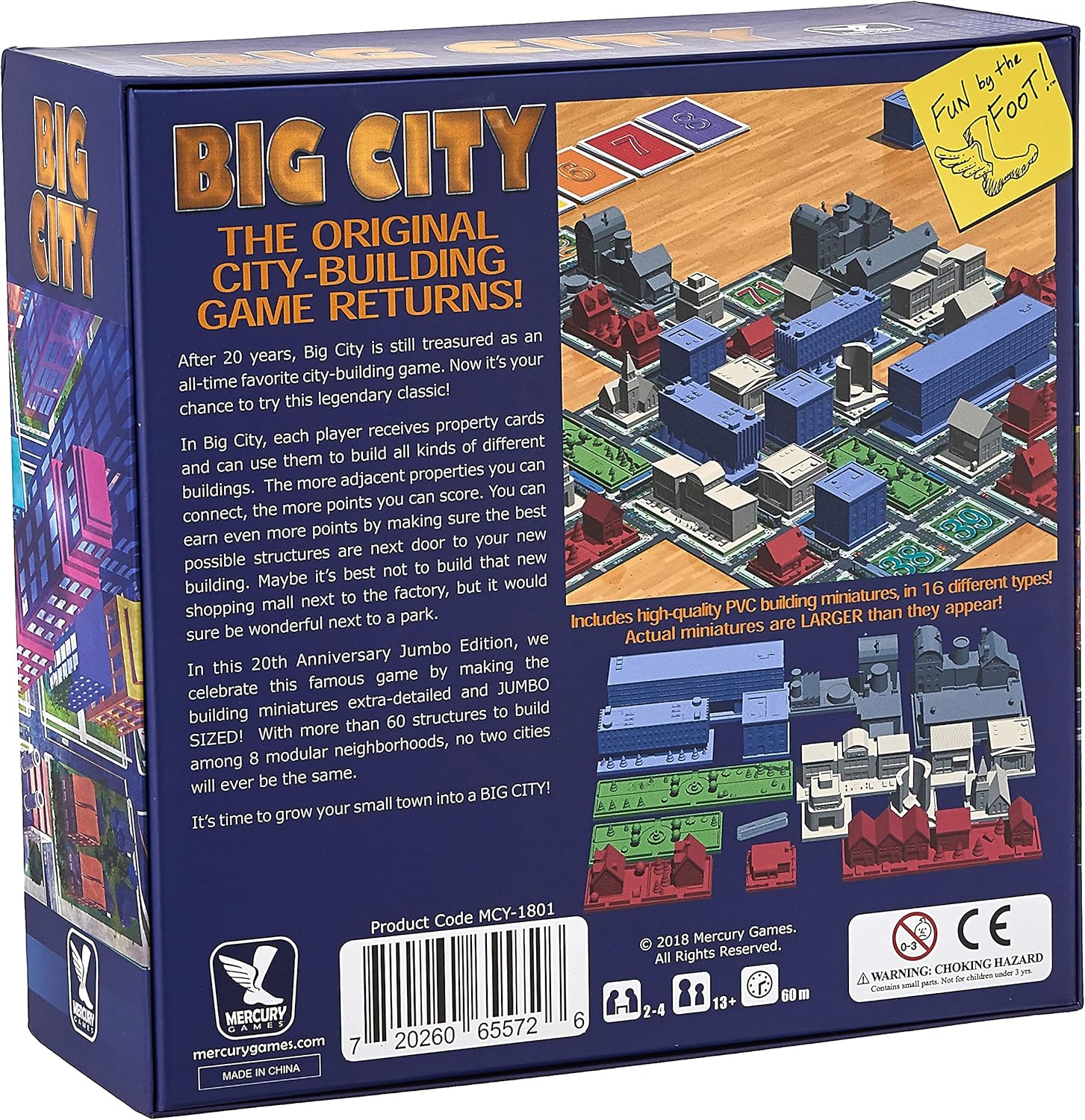 Back of the "Big City" board game box, displaying a city-building game board with colourful miniature buildings.