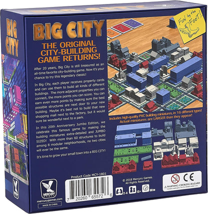 Back of the "Big City" board game box, displaying a city-building game board with colourful miniature buildings.