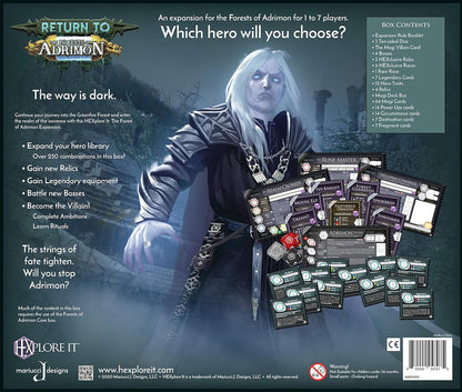 Back cover for 'HEXplore It: Return to The Forests of Adrimon expansion', featuring a white-haired character with glowing eyes and game components