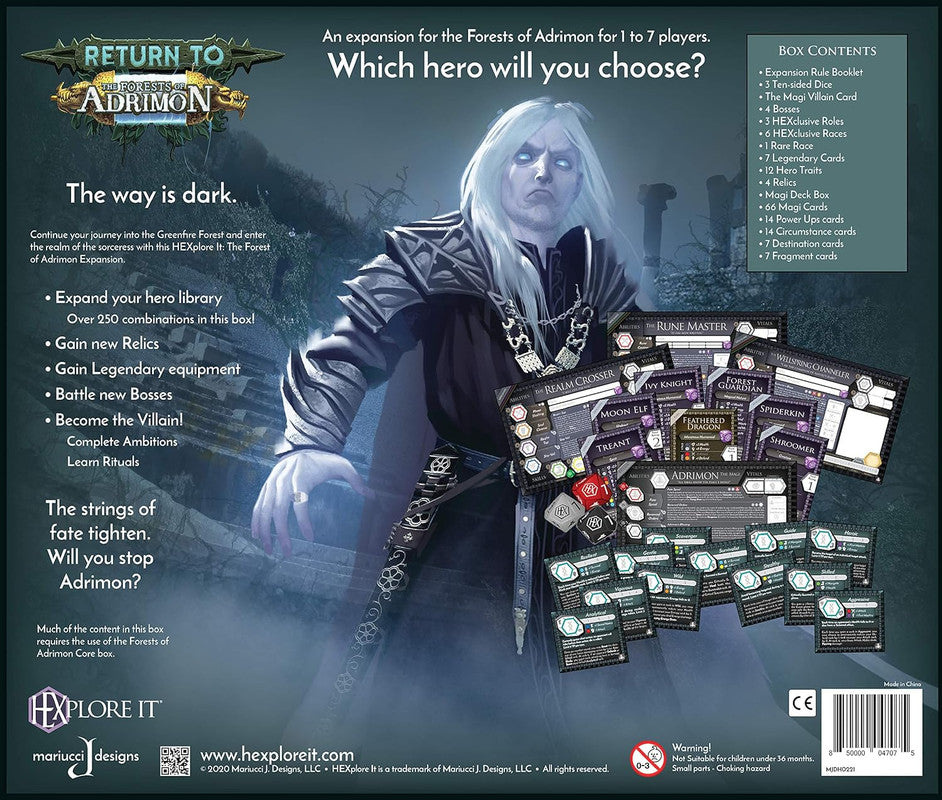 Back cover for &#39;HEXplore It: Return to The Forests of Adrimon expansion&#39;, featuring a white-haired character with glowing eyes and game components