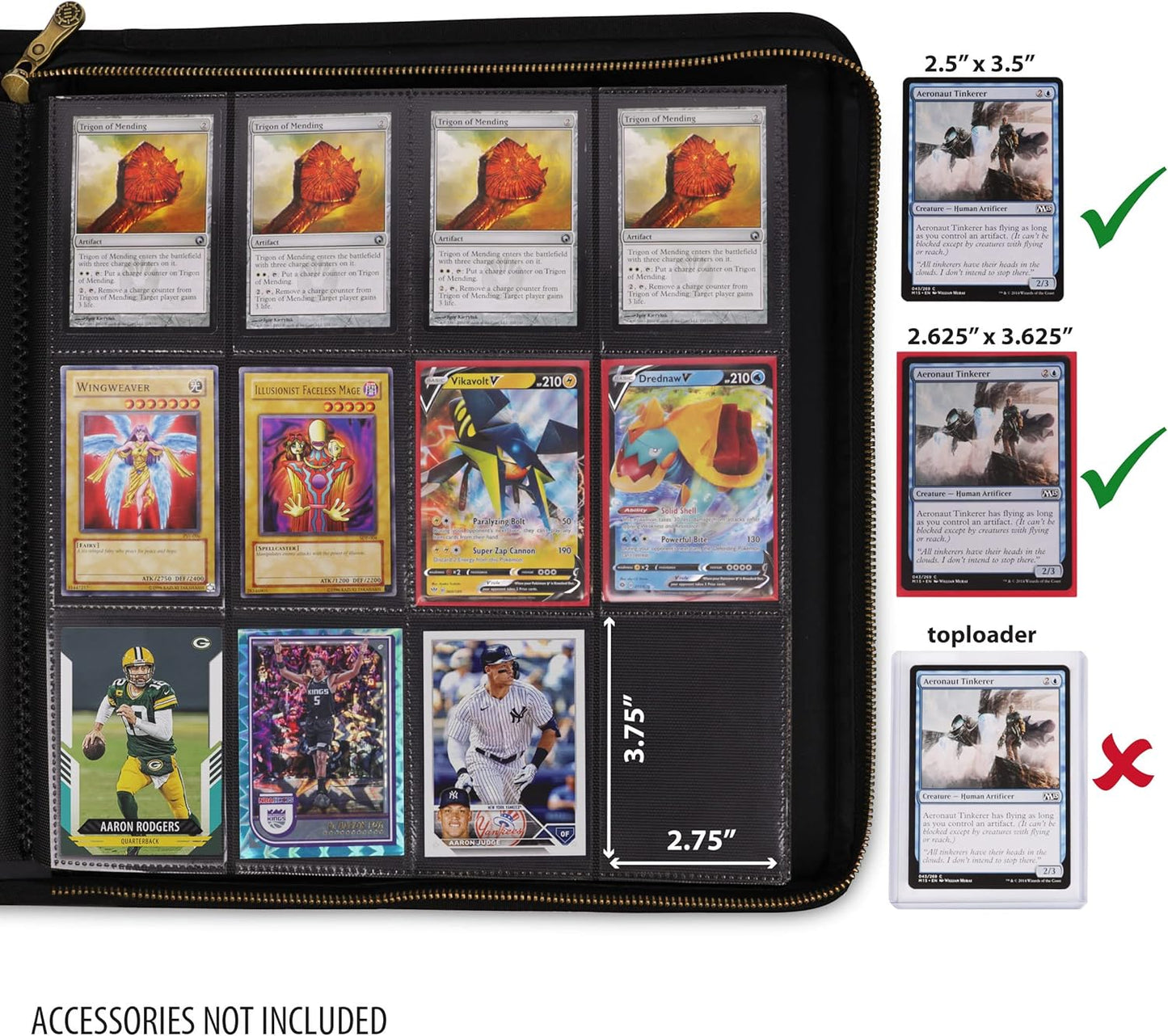 A size guide on the right shows compatible card sleeves, but toploaders don't fit