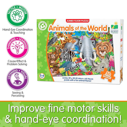 Box for "Animals of the World" 50-piece jumbo floor puzzle featuring illustrated safari animals