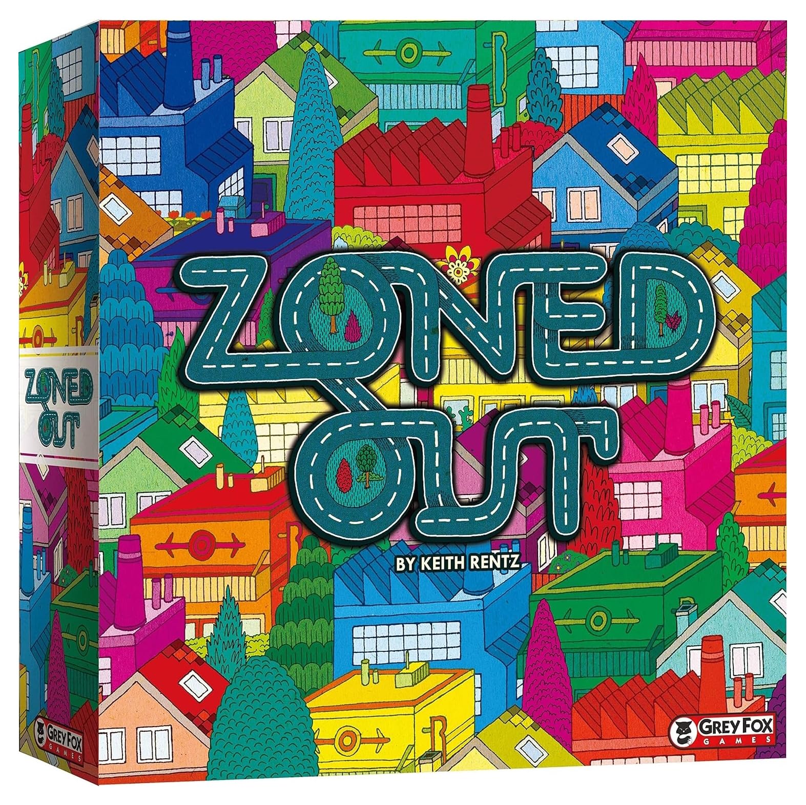 ZONED OUT board game box. The title, formed by a road with trees, overlays a colourful cartoon city of houses and factories.