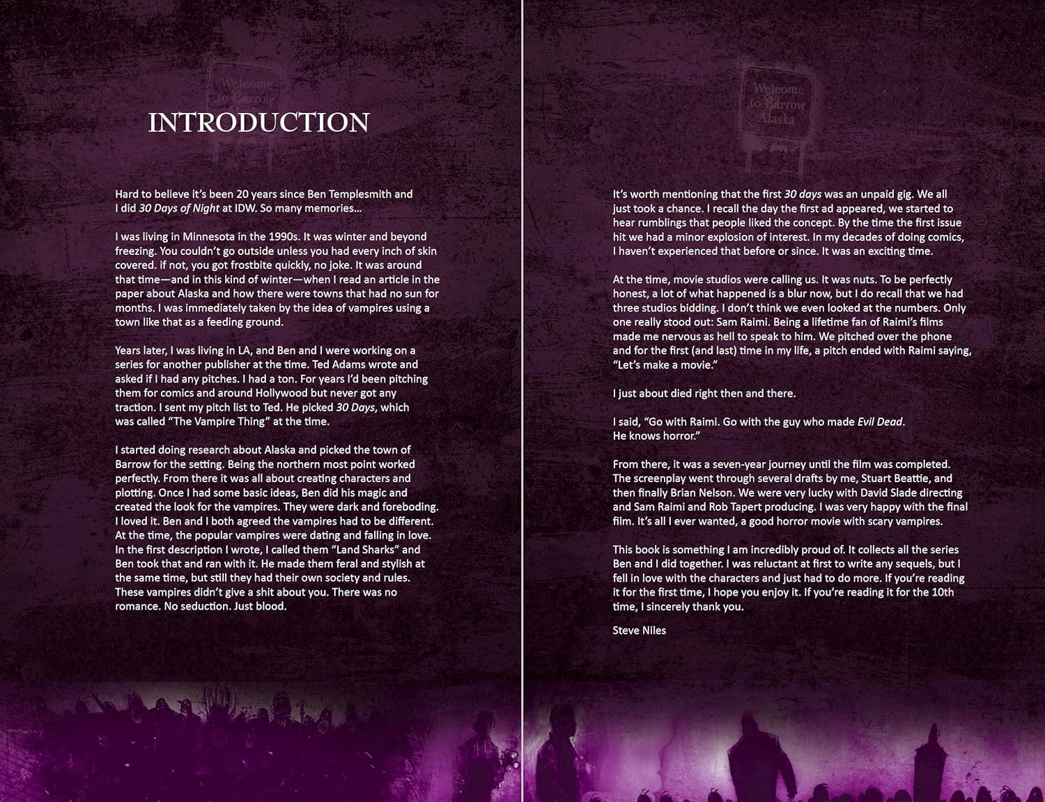 Introduction to '30 Days of Night' with text -  a 'Welcome to Barrow Alaska' sign -  and silhouetted vampires