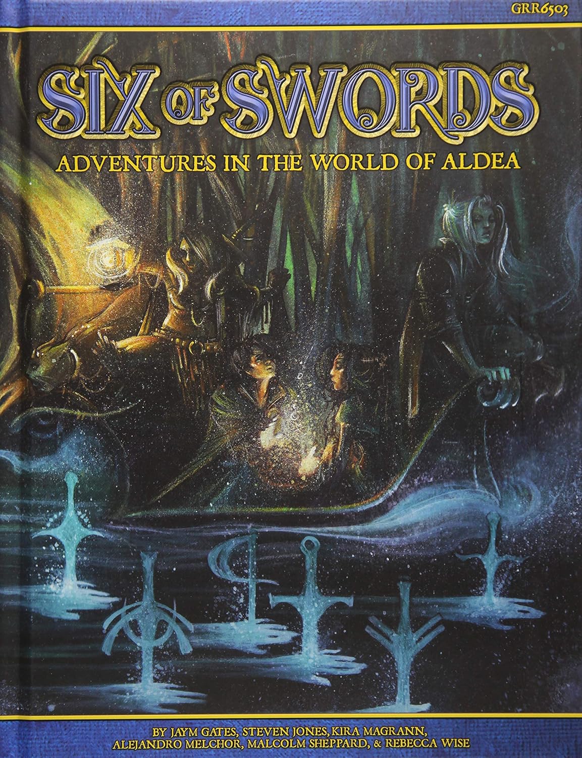 Fantasy adventurers in a boat on dark, mystical water, illuminated by lanterns, with six glowing blue swords below.