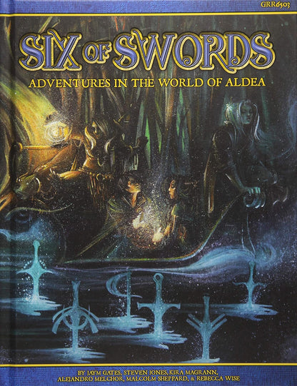 Fantasy adventurers in a boat on dark, mystical water, illuminated by lanterns, with six glowing blue swords below.