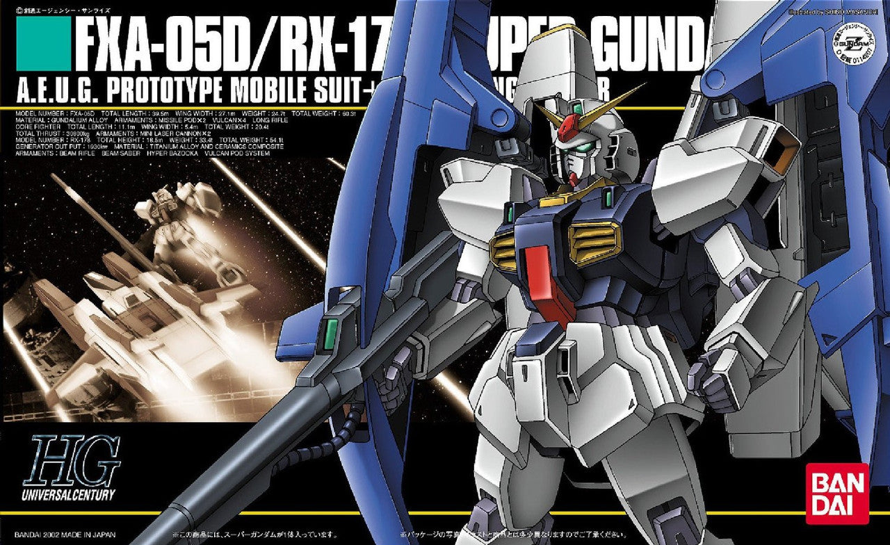 Blue and white Super Gundam (RX-178) model kit box art, holding a large beam rifle