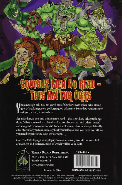 Book cover: Muscular green orcs wield weapons, menacing smaller, fearful humanoids. Text: "SQUISHY MEN NO READ - THIS AM FOR ORKS."