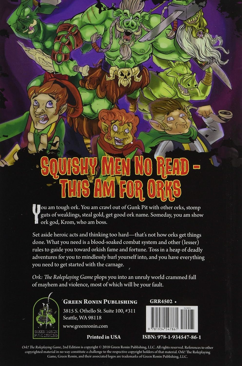 Book cover: Muscular green orcs wield weapons, menacing smaller, fearful humanoids. Text: &quot;SQUISHY MEN NO READ - THIS AM FOR ORKS.&quot;