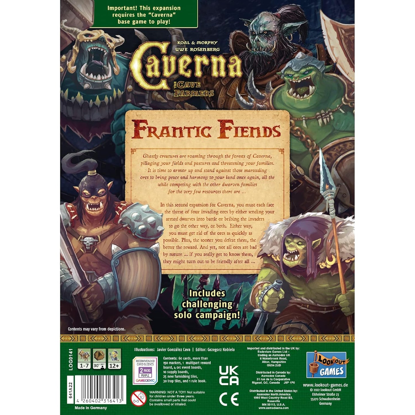 Caverna: Frantic Fiends Expansion showing components and cards
